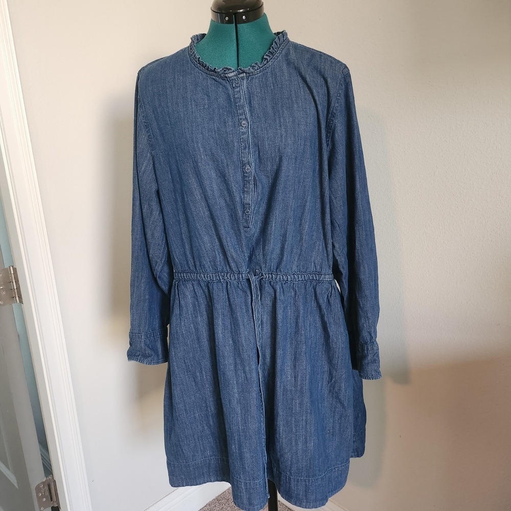 Free Assembly Denim Dress Womens XL Blue Fit & Flare Ruffled Neck Cotton